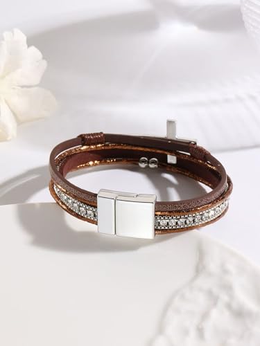 LINGYUAN Cross Bracelet for Women, Leather Religious Christian Jewelry - color: Brown