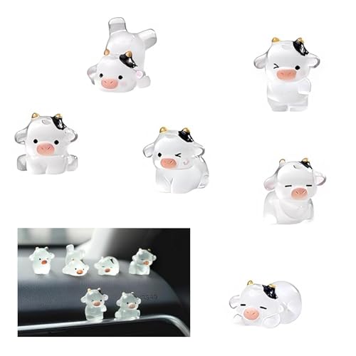 6 PCS Car Cow Dashboard Decorations, Luminous Cute Ornament, Different Pose Funny Mini Rearview Mirror Decoration, Self-adhesive Interior Accessory for Cars Trucks SUVs (White)