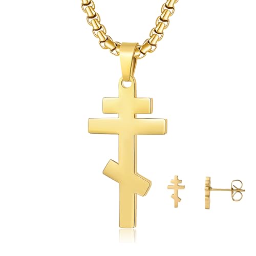 Orthodox stainless steel cross necklace for men and women, simple and retro silver glossy titanium steel cross pendant - color: Gold-1.2in-2