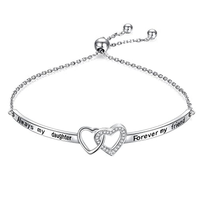 YinShan 925 Sterling Silver Heart Infinity Inspirational Bracelet Engraved Always My Sister/Daughter, Forever My Friend Adjustable Sisters Bracelets Friendship Jewelry for Women - style: double heart:Always My Daughter, Forever My Friend