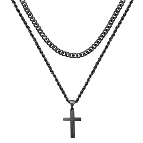 Cross Necklace for Men, Gold Black Silver Mens Cross Necklaces Stainless Steel Cross Pendant Necklace Simple Jewelry Gifts Cross Chain Necklaces for Men - color: Black, style: 22in/24in
