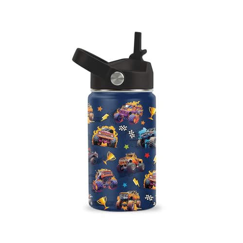 Monster Truck Water Bottle 12oz - Monster Truck Stainless Steel Water Bottle with Straw - Funny Trucks Insulated Cup for Boys - Trucks Kids Tumbler for School, Sports, Travel - color: Monster Truck01, size: 12 Ounces