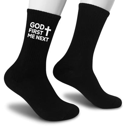 Christian Socks for Men, Biblical Crew Socks Gifts for Dad Grandpa Husband - color: God First Black