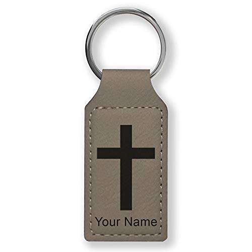 LaserGram Rectangle Keychain, Christian Cross, Personalized Engraving Included - color: Gray