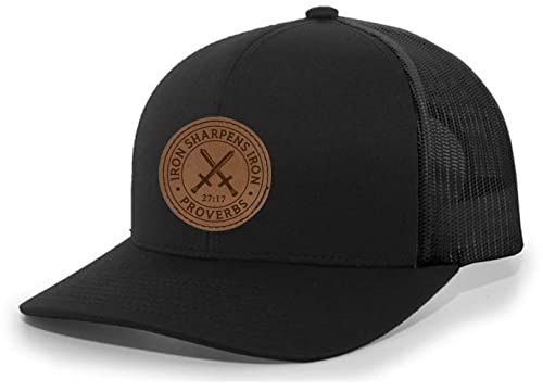 Heritage Pride Christian Iron Sharpens Iron Proverbs 27:17 Laser Engraved Leather Patch Mesh Back Trucker Hat - color: Black/Black