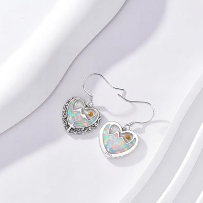 AOBOCO 925 Silver Mustard Seed Cross Heart Dangle Drop Earrings Women - color: Silver-White Opal