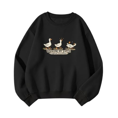 Silly Goose Christian Sweatshirts for Women Walking by Faith Tripping Constantly Sweatshirt Cute Graphic Crewneck - color: Black, size: XX-Large