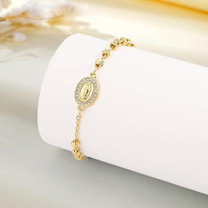 Rosary Cross Bracelet for Women, Virgin Mary Gold Silver Rose Gold 4mm Rosary Beads Catholic Bracelet - color: Gold