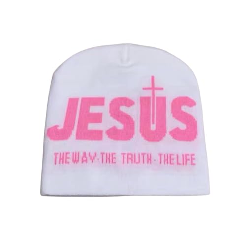 Jesus The Way The Truth The Life Beanie Knit Winter hat Religious Christian Faith Multiple Colors - color: White & Pink