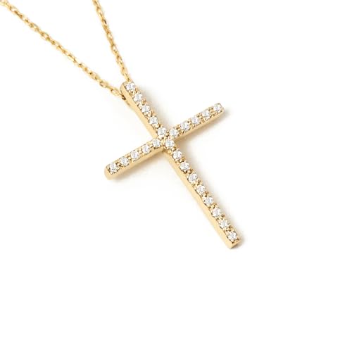 Gelin Dainty Elongated Pave Diamond Cross Necklace for Women in 14K Solid Gold, 18 Inch Chain