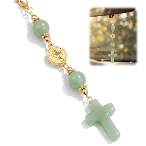 Green Crystal Cross Car Hanging Charm, Boho Blessing Rear View Mirror Ornament, Healing Stone Car Decor Accessories for Women - color: Green