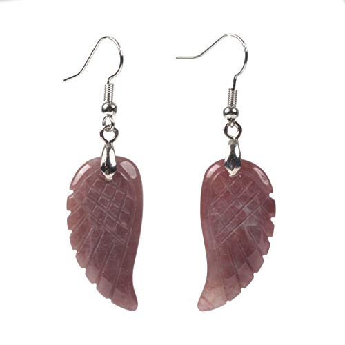 Gemstone Crystal Healing Reiki Chakra Handmade Angel Wing Dangle Earrings - color: Strawberry Quartz