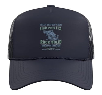 Christian Faith Jesus Simon Peter Funny Seafood Bible Verse Trucker Hat with Adjustable Mesh Back - color: Navy Blue