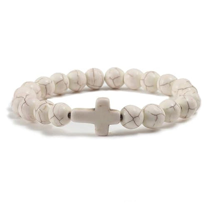 FORUBUS Lava Rock Stone Beaded Bracelet, Cross Charm Natural Volcanic Stone beads Turquoise Stretch Bracelet for Women Men Religion Jewelry Pray Baptism Gift - color: B 1pcs beige