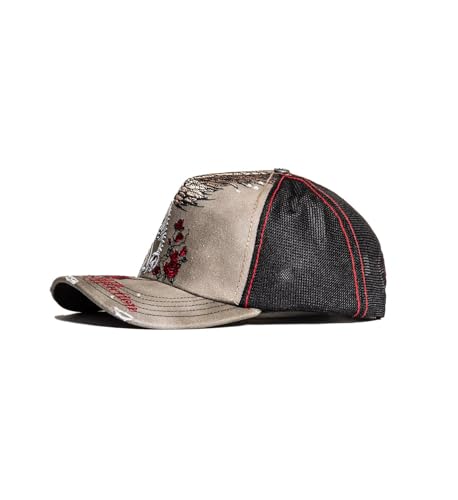 Affliction Men's Baseball Cap, Gothic Style, Embroidered Pattern - color: Dirty Potassium Spray (Winged Reaper)