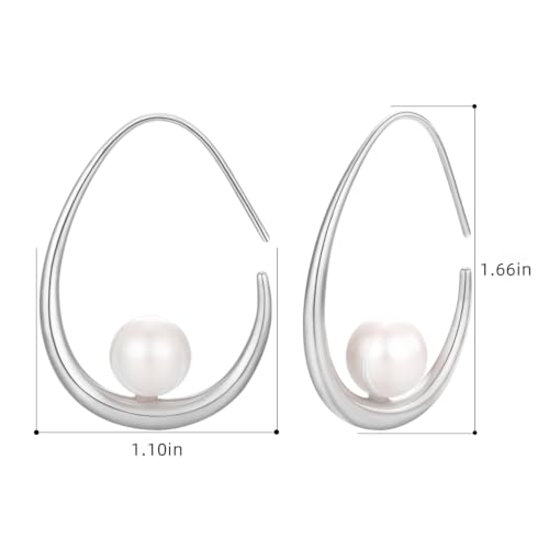 Lightweight Teardrop Hoop Earrings for Women - 14k Gold/White Gold Plated Large Oval Pull Through Hoop Earrings High Polished Statement Jewelry Gift for Women - color: Silver Pearl