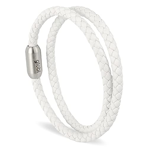 globi Leather Bracelet For Men | Genuine Wrap Braided Leather Cuff Bangle Bracelet with Magnetic Stainless Steel Clasp For Men/Women - color: White