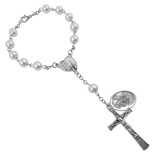 TALISMAN4U St. Michael Guardian Angel Medal Rosary for Car Rearview Mirror - color: White Rosary Beads