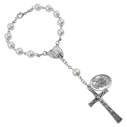 TALISMAN4U St. Michael Guardian Angel Medal Rosary for Car Rearview Mirror - color: White Rosary Beads