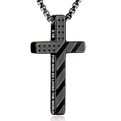 RWQIAN American Flag Cross Necklace for Men,Stainless Steel Bible Verse Cross Pendant Mens Chain,Crucifix Necklace for Christians Teen Baptism Gift Ideas Catholic Men Cool Stuff Personalized Gifts - color: Black, style: John 3:16