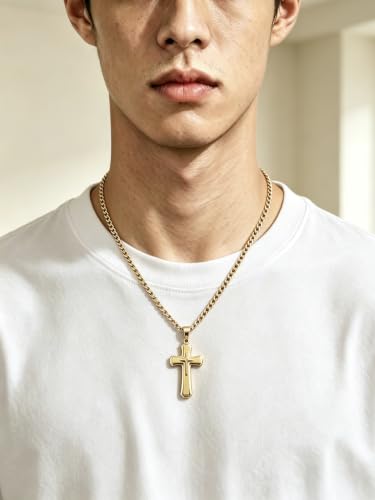 Men's Layered Cross Pendant Necklace, 2.1x1.2 inch Religious Charm, 21.6" 5mm Stainless Steel Cuban Chain, 18K Gold & Black Plated, Bonus 23.6" Square Pearl Chain, Marble Gift Box for Dad - color: Gold