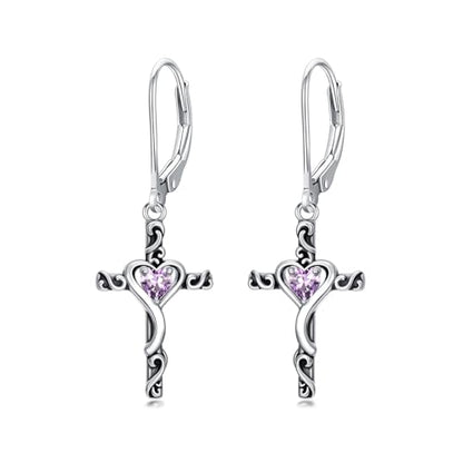 TOUPOP Cross Birthstone Earrings 925 Sterling Silver Heart Cross Dangle Earrings Fine Jewelry Christmas Birthday Gifts for Women Wife Mom Her - color: White Gold-06-June-Alexandrite