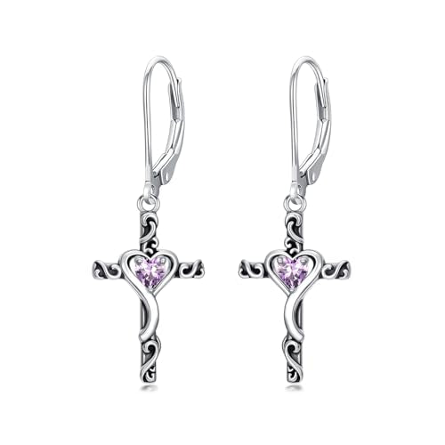 TOUPOP Cross Birthstone Earrings 925 Sterling Silver Heart Cross Dangle Earrings Fine Jewelry Christmas Birthday Gifts for Women Wife Mom Her - color: White Gold-06-June-Alexandrite
