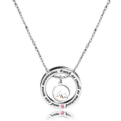 Uloveido Christian Circle Round Ring Necklace Engraved Faith As Small As A Mustard Seed Can Move Mountains Y958 - style: Pink CZ-round mountain