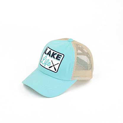 C.C Ponycap Messy High Bun Ponytail Adjustable Mesh Trucker Baseball Cap Hat - color: Criss Cross Patch Lake Life, Mint