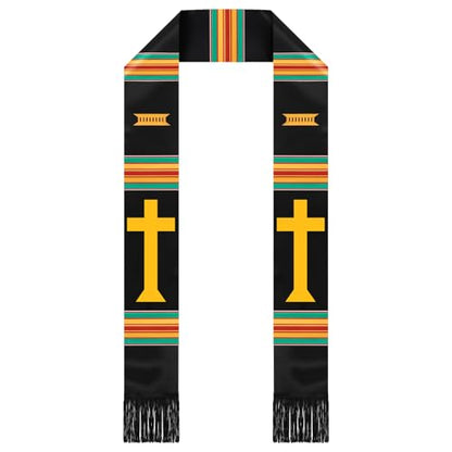 Geyoga Graduation Stole Kente Stole Black Authentic African Art 72" x 4.8" for Adult College Unisex Grads Celebrate - style: Christian Cross