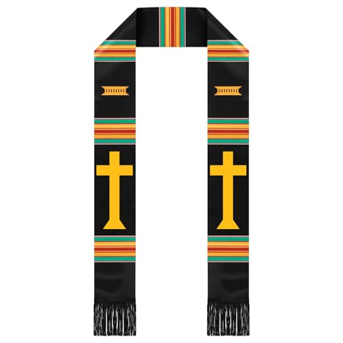 Geyoga Graduation Stole Kente Stole Black Authentic African Art 72" x 4.8" for Adult College Unisex Grads Celebrate - style: Christian Cross