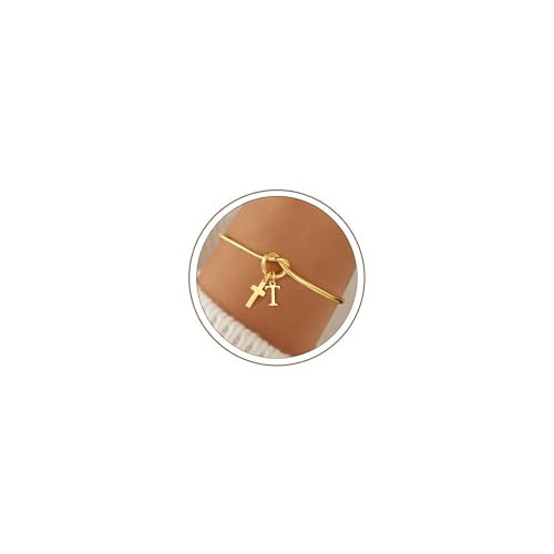 M MOOHAM Cross Initial Bracelet for Women Girls, Letter A-Z Cuff Bracelet - color: T