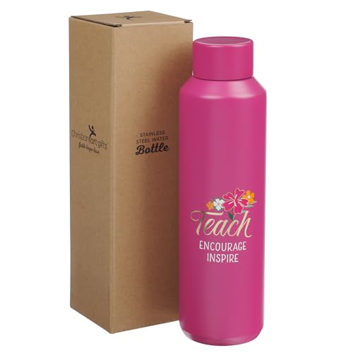 Christian Art Gifts Stainless Steel Double Wall Vacuum Sealed Travel Insulated Water Bottle for Women & Teachers: Teach, Encourage, Inspire Cute Leak/Spill-proof Scratch Resistant, Fuschia Pink, 20 oz - color: Teach/Fuschia