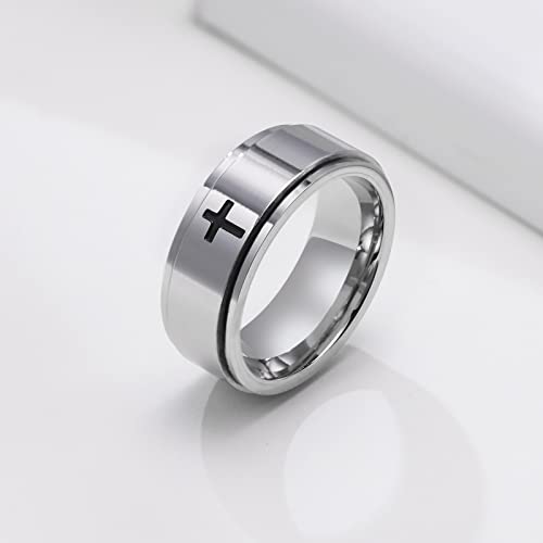 6mm/8mm Titanium Steel Black/Silver/Gold Fidget Ring Engraved Small Cross Stainless Steel Spinner Rings Stress Relieving Anxiety Ring Engagement Wedding Promise Band for Women Men Size 5-15 - color: 8mm Silver