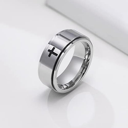 6mm/8mm Titanium Steel Black/Silver/Gold Fidget Ring Engraved Small Cross Stainless Steel Spinner Rings Stress Relieving Anxiety Ring Engagement Wedding Promise Band for Women Men Size 5-15 - color: 8mm Silver