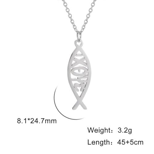 Ichthus Necklace for Women Christian Jesus Fish Necklace Christ Fish Cross Ichthys Pendant Necklace Ichthus Fish Religious Symbol Pendant Christian Jewelry Gift - color: Jesus Fish silver