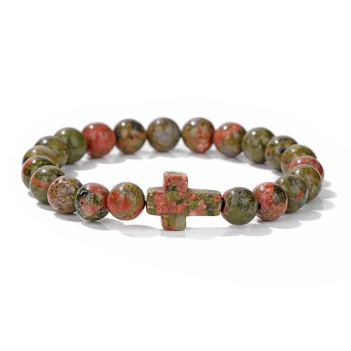 8mm Gemstone Cross Bracelet for Women Men – Stretch Beaded Faith Bracelet with Sideways Cross (Multiple Colors) - style: Unakite