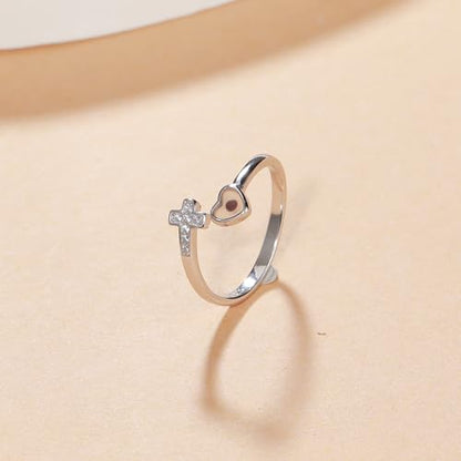 SUYACS 925 Sterling Silver Mustard Seed Heart Cross Rings for Women - color: Silver