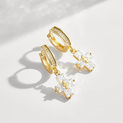 KissYan 14K Gold Plated Huggie Earrings for Women, S925 Sterling Silver Small CZ Cross Hoop Dangle Drop Earrings, Hypoallergenic Dainty Handmade Jewelry - style: Baguette Cross