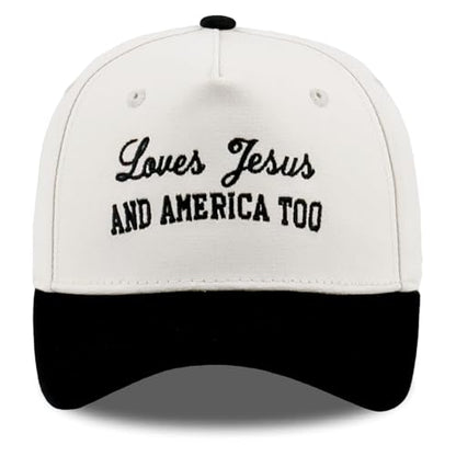 Embroidered Christian Two-Tone Baseball Cap for Men & Women, Adjustable Dad Hat Christmas Easter Gift - color: Loves Jesus and America Too, Black/Beige