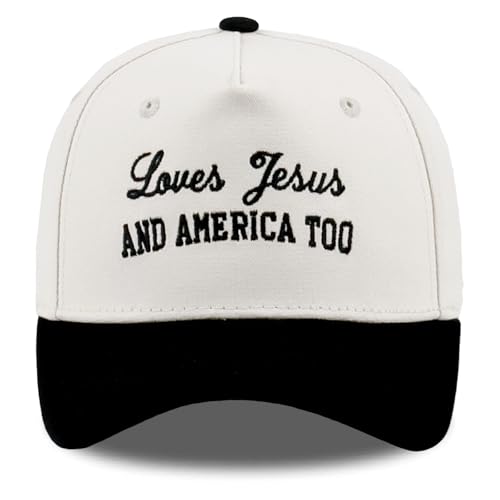 Embroidered Christian Two-Tone Baseball Cap for Men & Women, Adjustable Dad Hat Christmas Easter Gift - color: Loves Jesus and America Too, Black/Beige