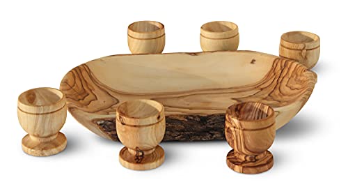 Olive Wood Mini Communion Cups with Natural Bread Tray - Set of 6 Hand-Carved Kiddush Cups from The Jerusalem Gift Shop - Holy Land Worship Set with Certificate of Origin - color: Set of 6 Cups [Natural Olive Wood Mini Tray]