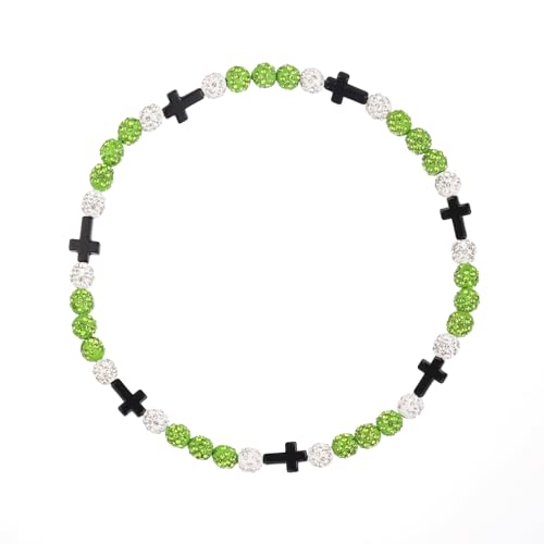 Baseball Bead Cross Necklace for Boys Kids, Elastic Rhinestone Bling Necklace Drip Gifts for Teens Players - color: Black Cross/Green/White