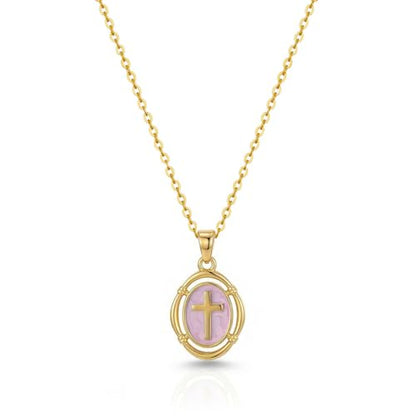 Bheop Cross Necklace for Women, 14K Gold Silver Enamel Pendant Necklace - color: Pink