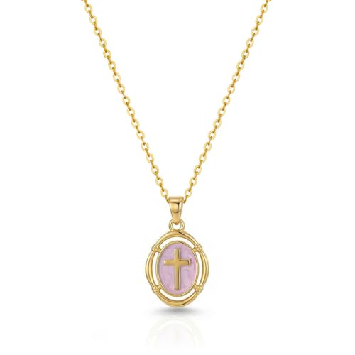 Bheop Cross Necklace for Women, 14K Gold Silver Enamel Pendant Necklace - color: Pink