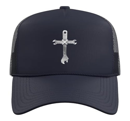 Mechanic Cross of Wrenches Inspiring Christian Faith Trucker Hat with Adjustable Mesh Back - color: Navy Blue