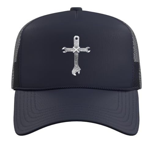Mechanic Cross of Wrenches Inspiring Christian Faith Trucker Hat with Adjustable Mesh Back - color: Navy Blue