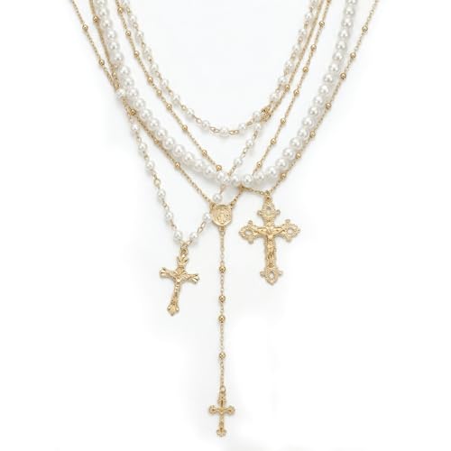 Layered Cross Necklace Silver Set for Women, 4-Piece Chunky Pearl Cross Stack Christian Necklaces, Adjustable Vintage Long Y Boho Gothic Statement Jewelry Gift - style: Gold 2-4Pcs
