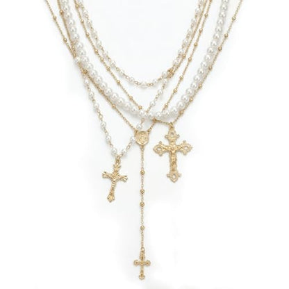 Layered Cross Necklace Silver Set for Women, 4-Piece Chunky Pearl Cross Stack Christian Necklaces, Adjustable Vintage Long Y Boho Gothic Statement Jewelry Gift - style: Gold 2-4Pcs