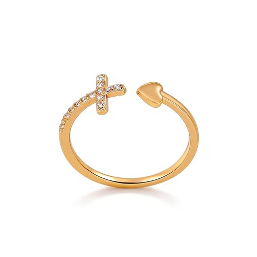 Sora Tuki Gold Cross Rings for Women Silver Adjustable Rings for Women Cubic Zirconia Heart Cross Purity Ring Dainty Stackable Ring for Women Christian Religious Jewelry - color: Golden, style: Cross Heart